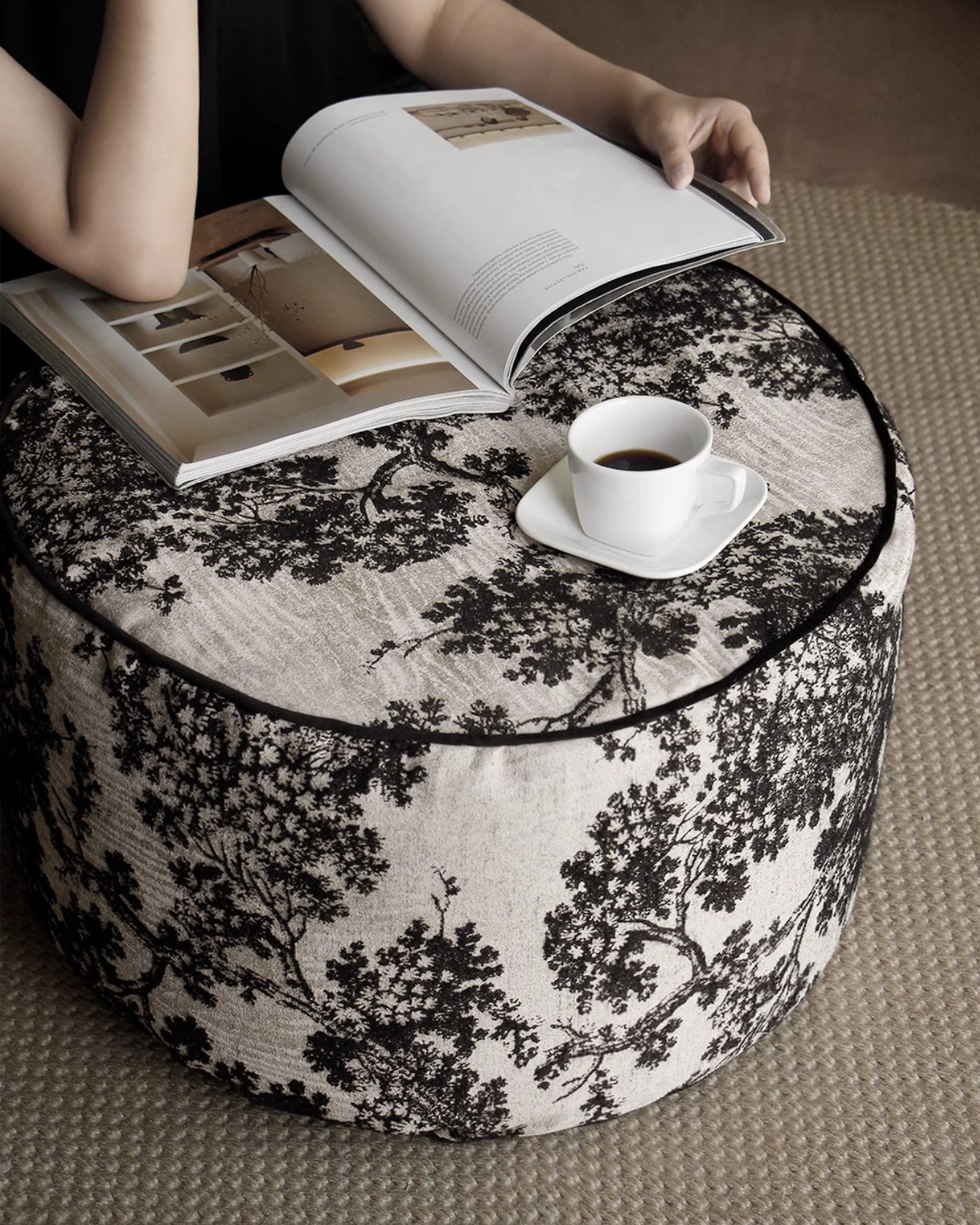 LaLuna Home Chinoiserie Ink-Painting Bayberry Tree Jacquard Pouf Cover - Round