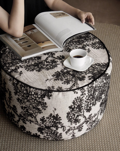 LaLuna Home Chinoiserie Ink-Painting Bayberry Tree Jacquard Pouf Cover - Round