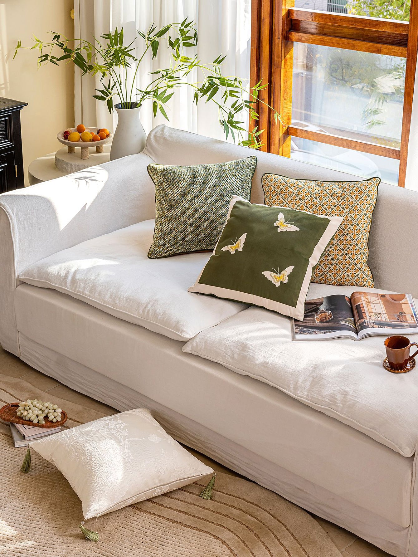 Chinoiserie Green Butterfly Whisper embroidery Throw Pillow