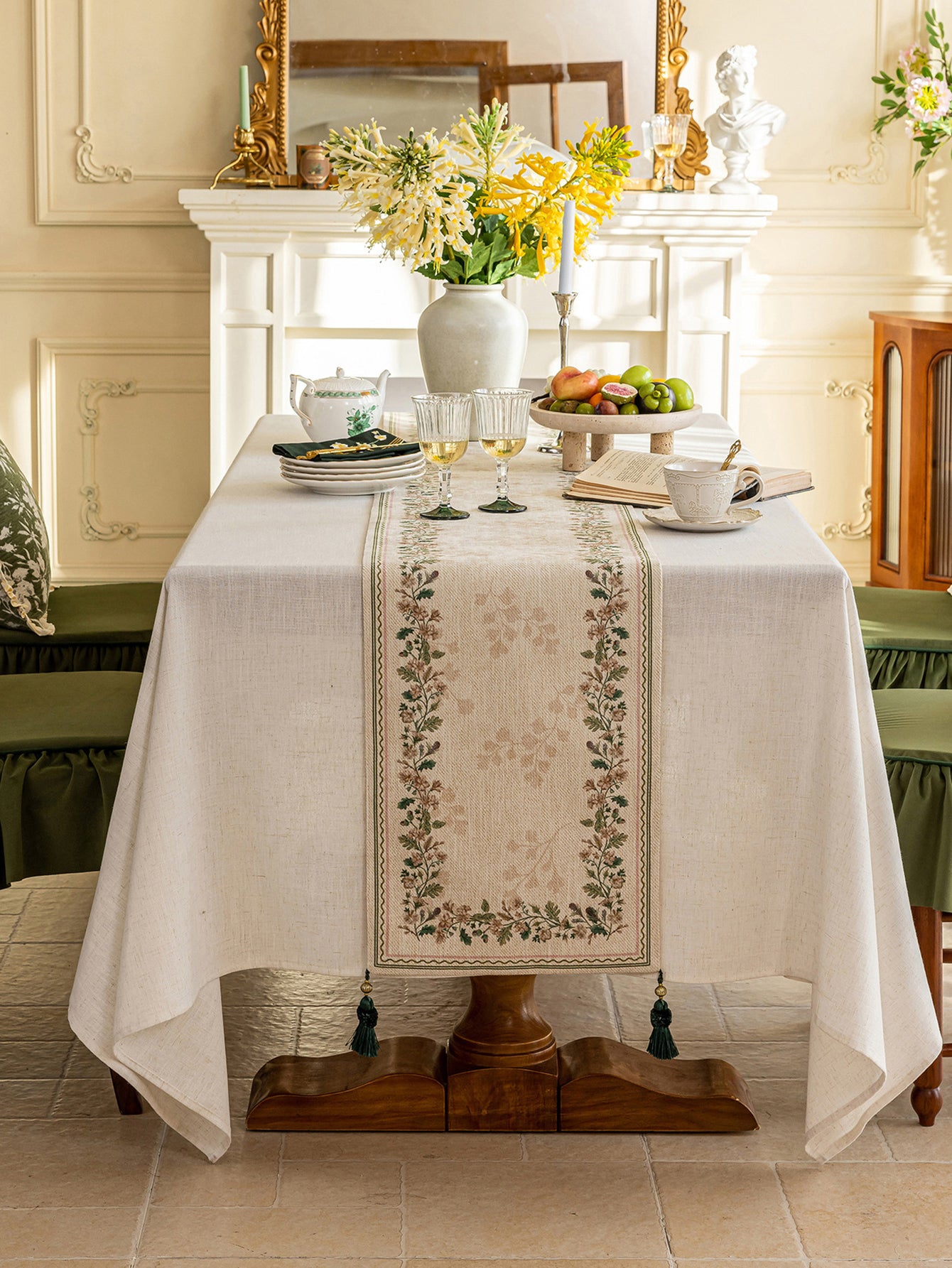 Chinoiserie Green Verse Pattern Table Runner with Tassels