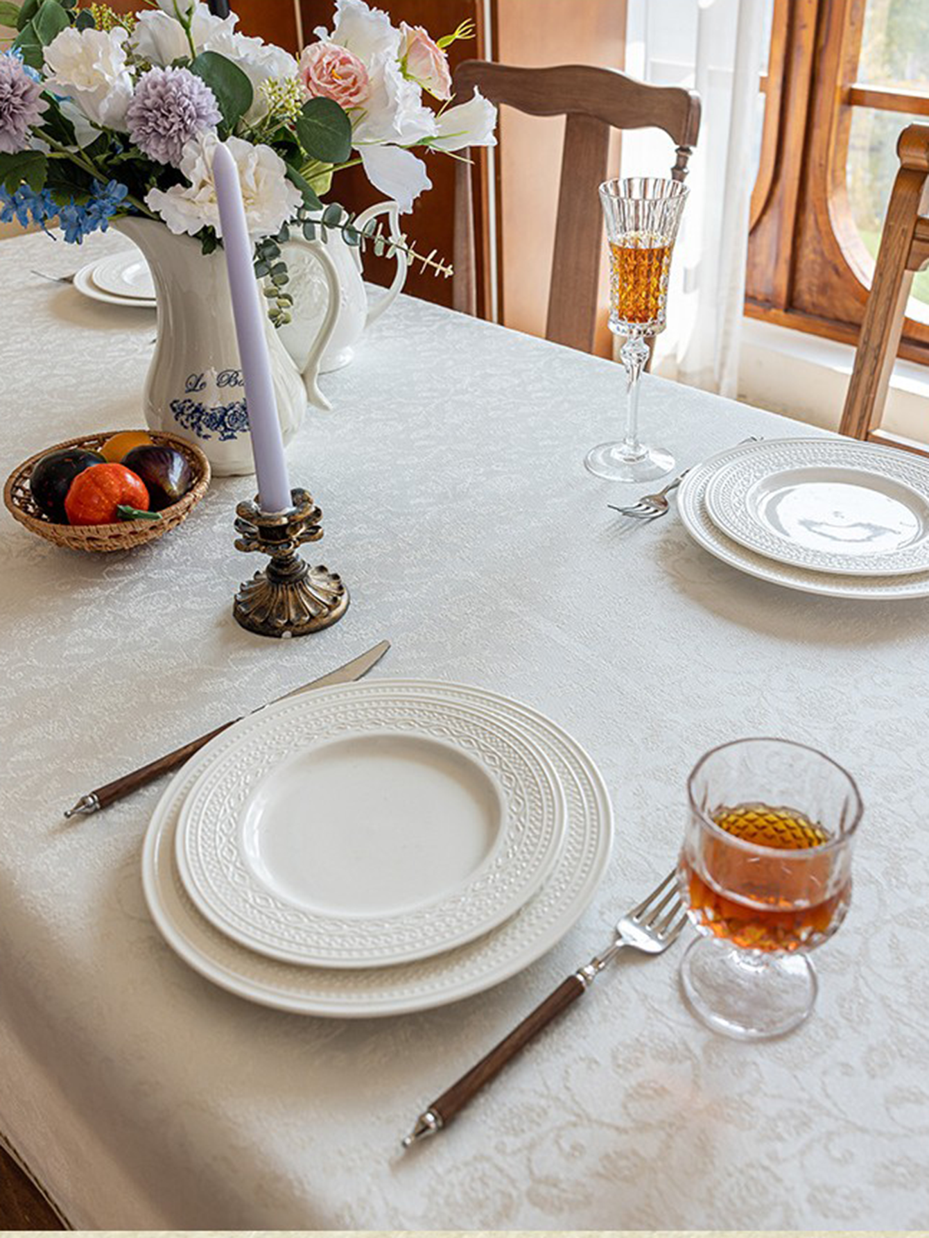 LaLuna Home Seine Gleam Jacquard Tablecloth with Shell Trim