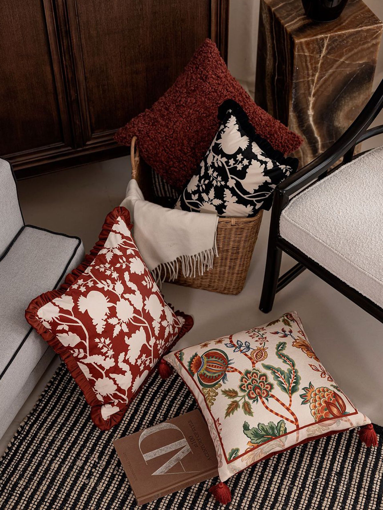 Chinoiserie Pomegranate Bloom Throw Pillow with Tassels