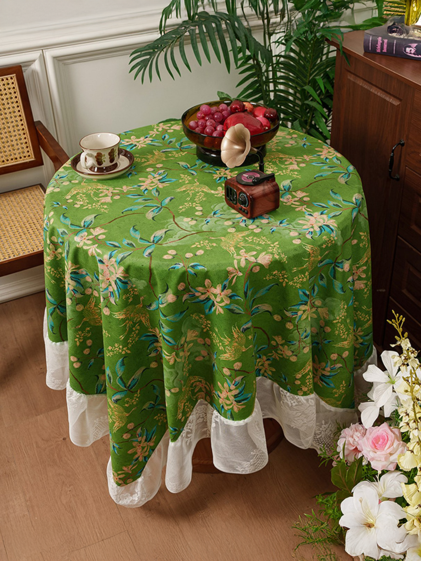 Chinoiserie Verdant Floral Tablecloth with Lace Ruffled Trim