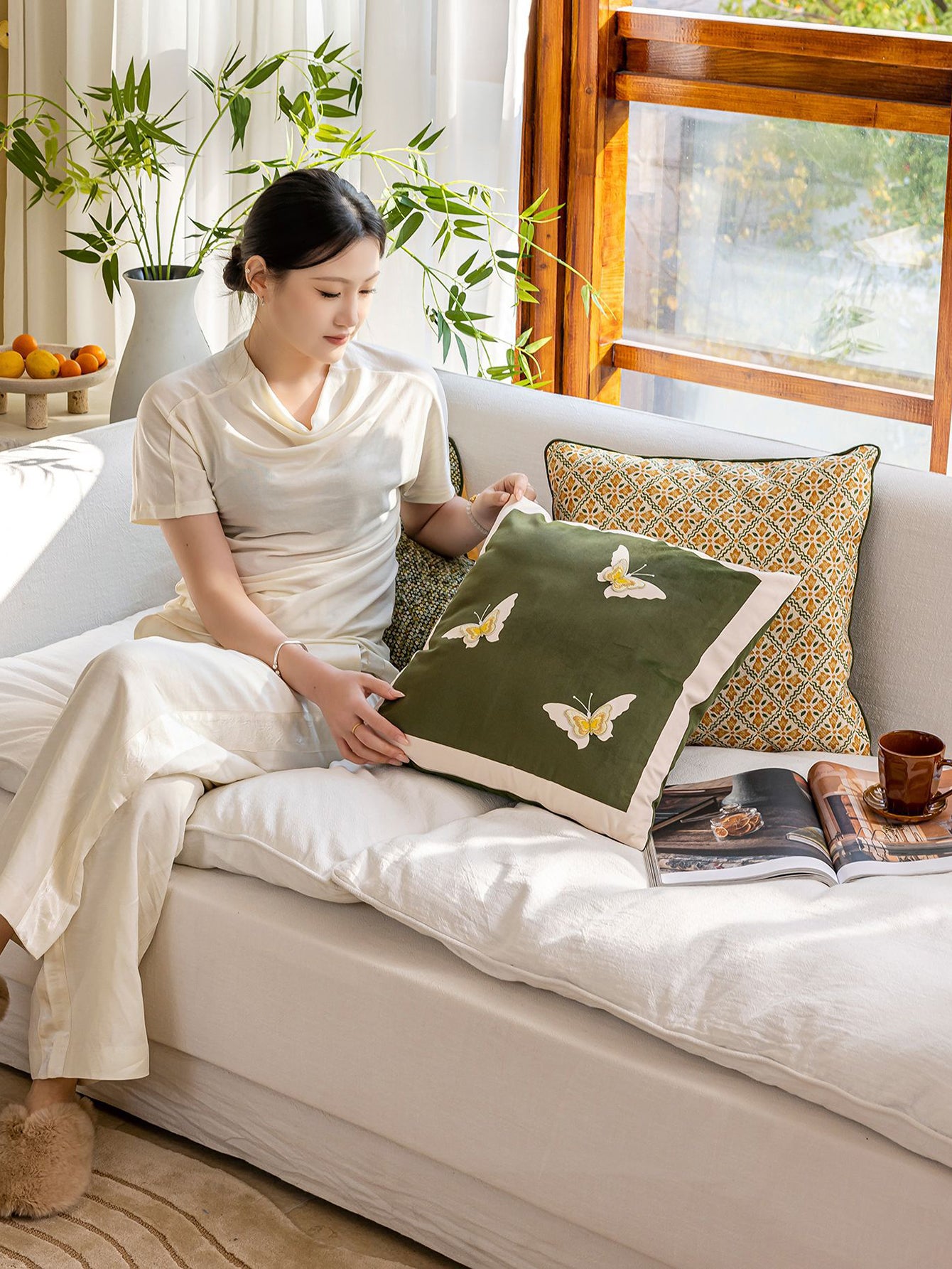 Chinoiserie Green Butterfly Whisper embroidery Throw Pillow