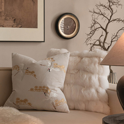 LaLuna Home Chinoiserie Pine&Crane Embroidered Velvet Throw Pillow - Ivory