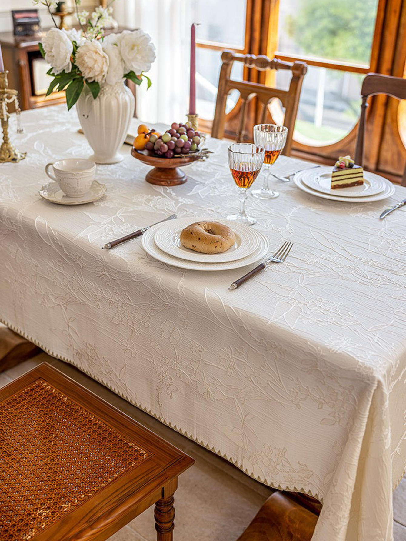 LaLuna Home Chinoiserie  Magnolia Bloom Jacquard Tablecloth with Shell Trim