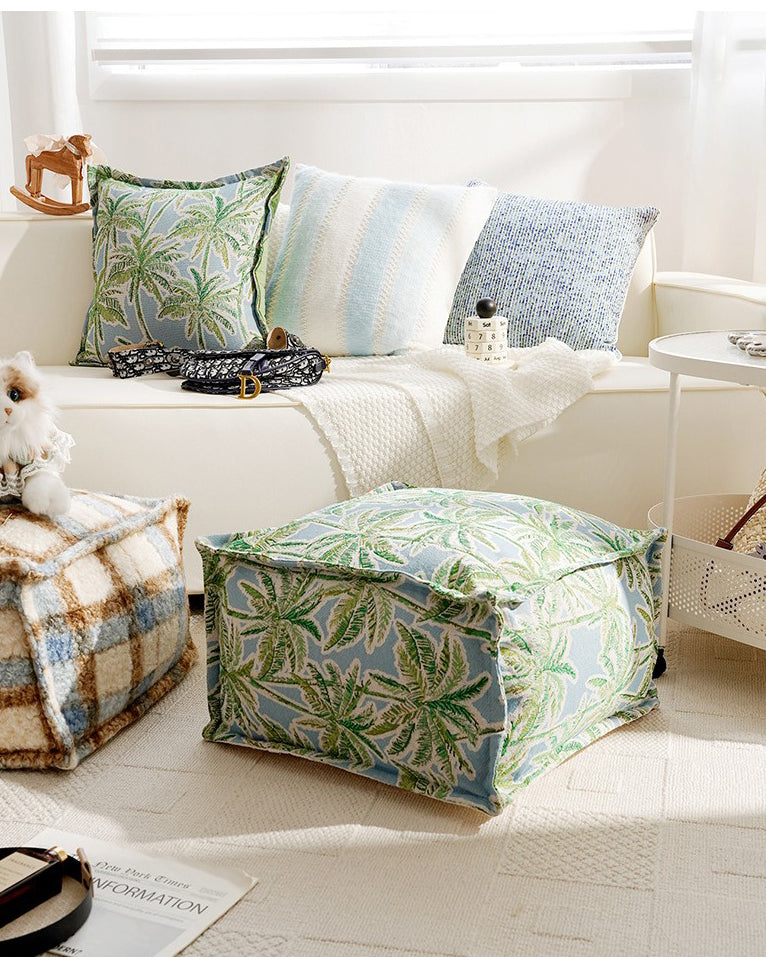 LaLuna Home Coastal Coconut Grove Pattern Chenille Pouf Cover