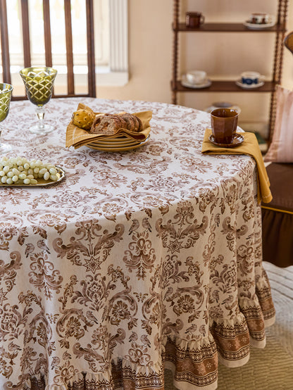 Chinoiserie Vintage Floral Pattern Round Ruffle Tablecloth