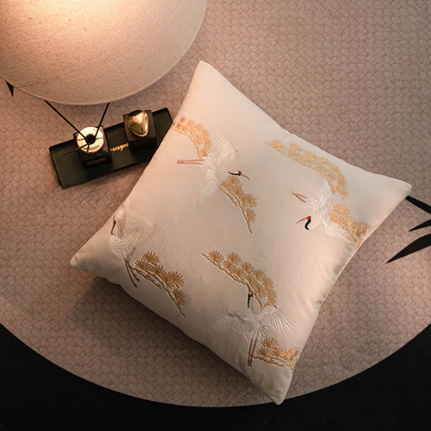 LaLuna Home Chinoiserie Pine&Crane Embroidered Velvet Throw Pillow - Ivory