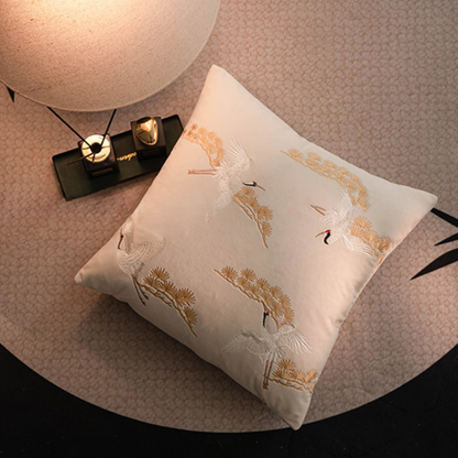 LaLuna Home Chinoiserie Pine&Crane Embroidered Velvet Throw Pillow - Ivory