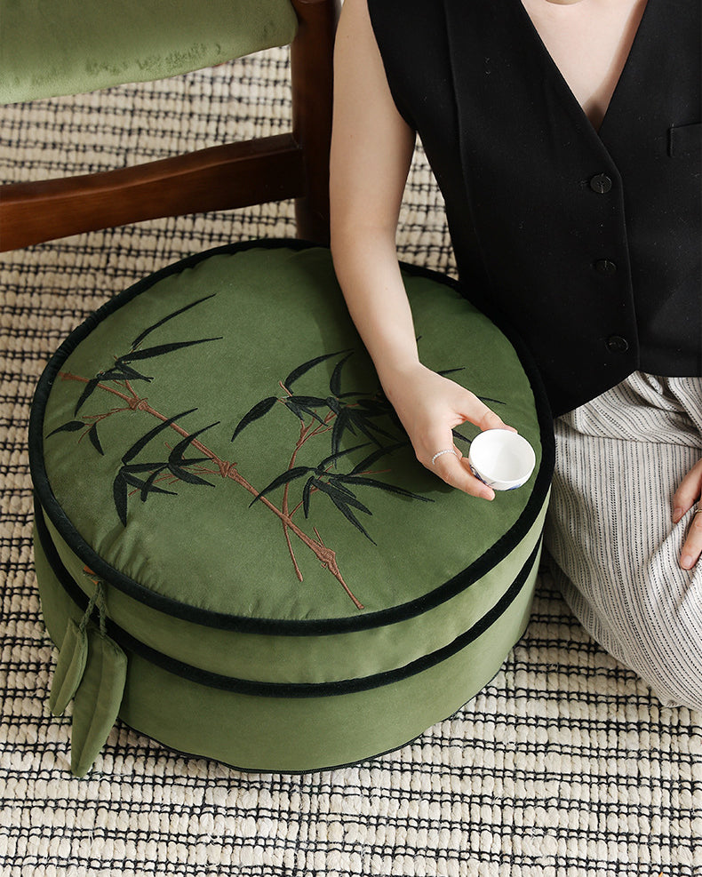 LaLuna Home Chinoiserie Bamboo Embroidered Velvet Pouf Cover