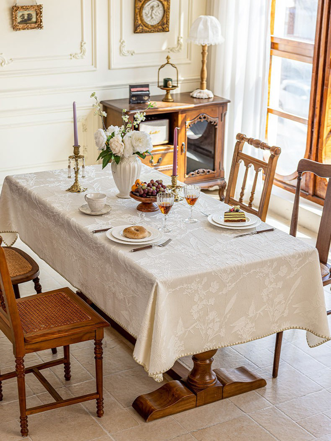LaLuna Home Chinoiserie  Magnolia Bloom Jacquard Tablecloth with Shell Trim