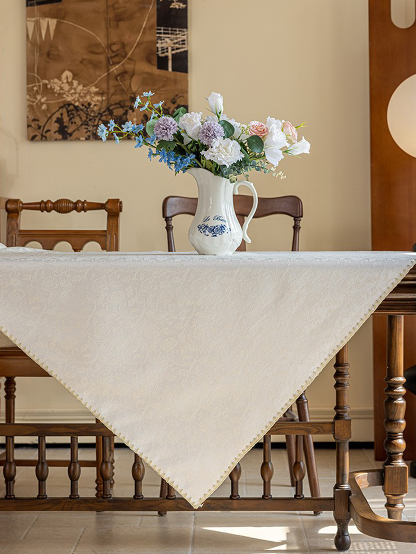 LaLuna Home Seine Gleam Jacquard Tablecloth with Shell Trim