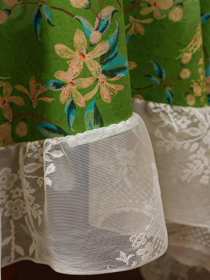 Chinoiserie Verdant Floral Tablecloth with Lace Ruffled Trim
