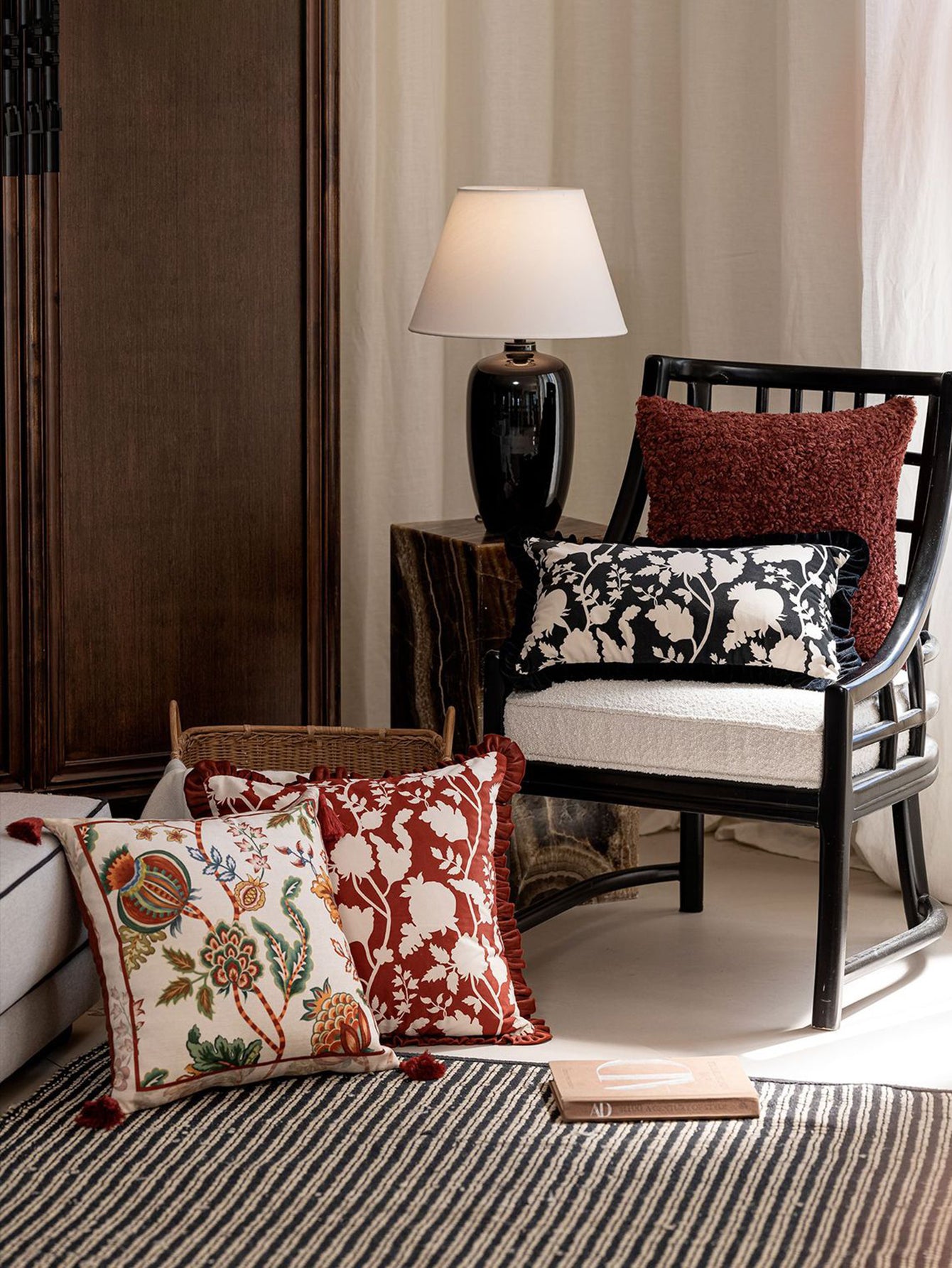 Kerman Pomegranate Bloom Lumbar Pillow with Ruffle Trim