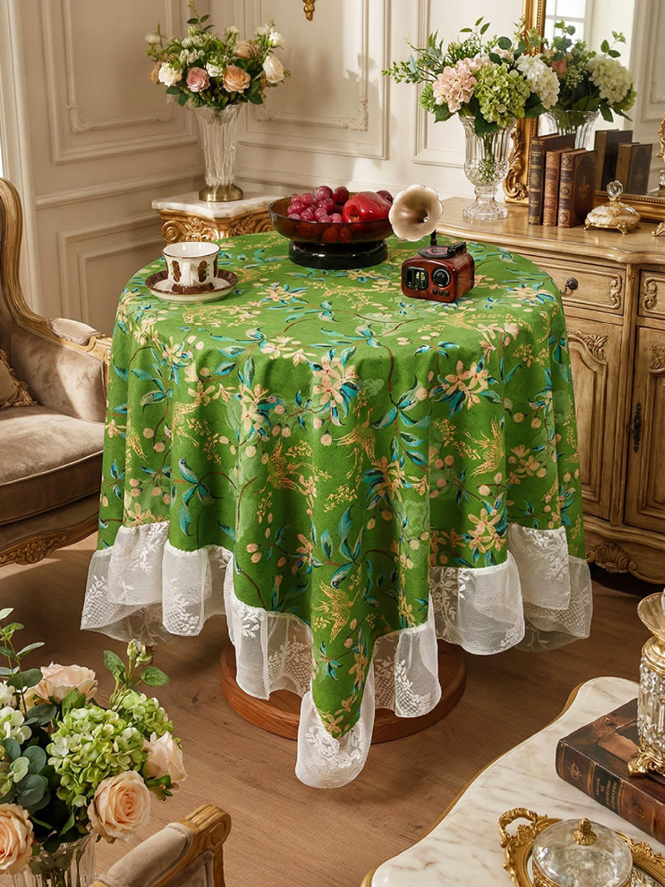 Chinoiserie Verdant Floral Tablecloth with Lace Ruffled Trim