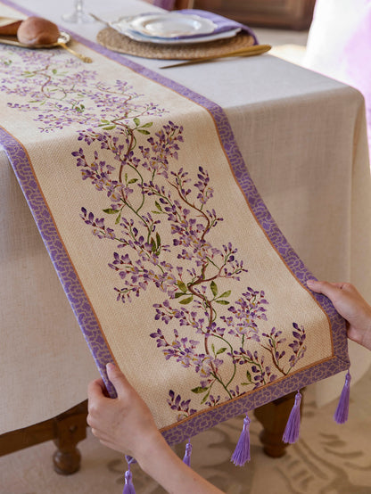 Chinoiserie Purple Wisteria Floral Pattern Table Runner