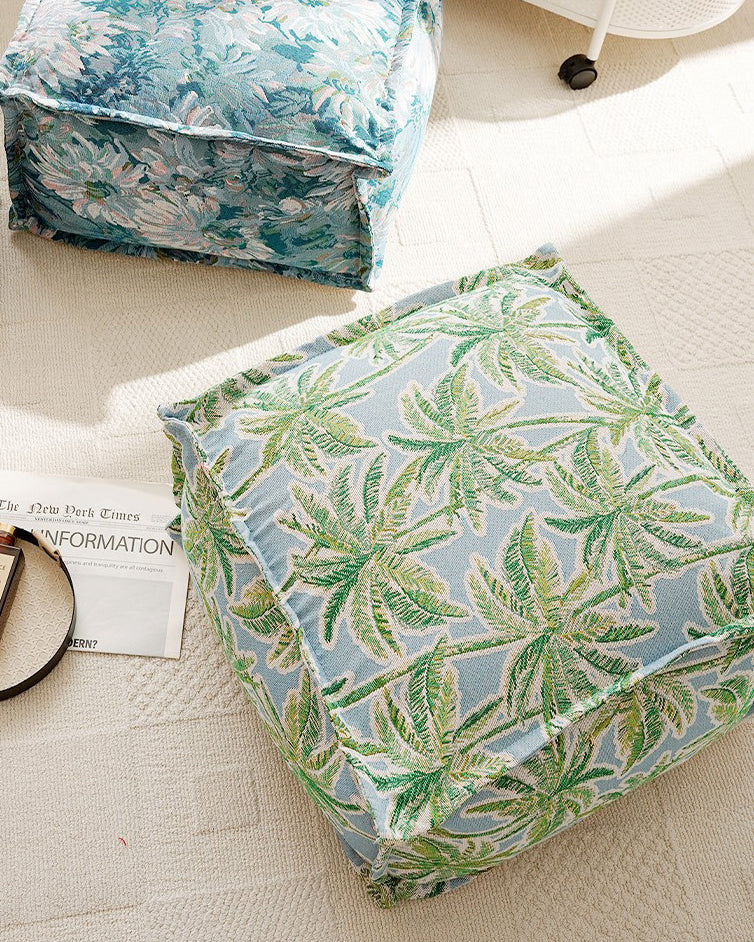 LaLuna Home Coastal Coconut Grove Pattern Chenille Pouf Cover