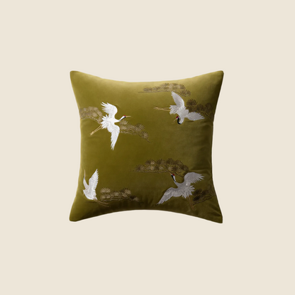 LaLuna Home Chinoiserie Pine&Crane Embroidered Velvet Throw Pillow - Green