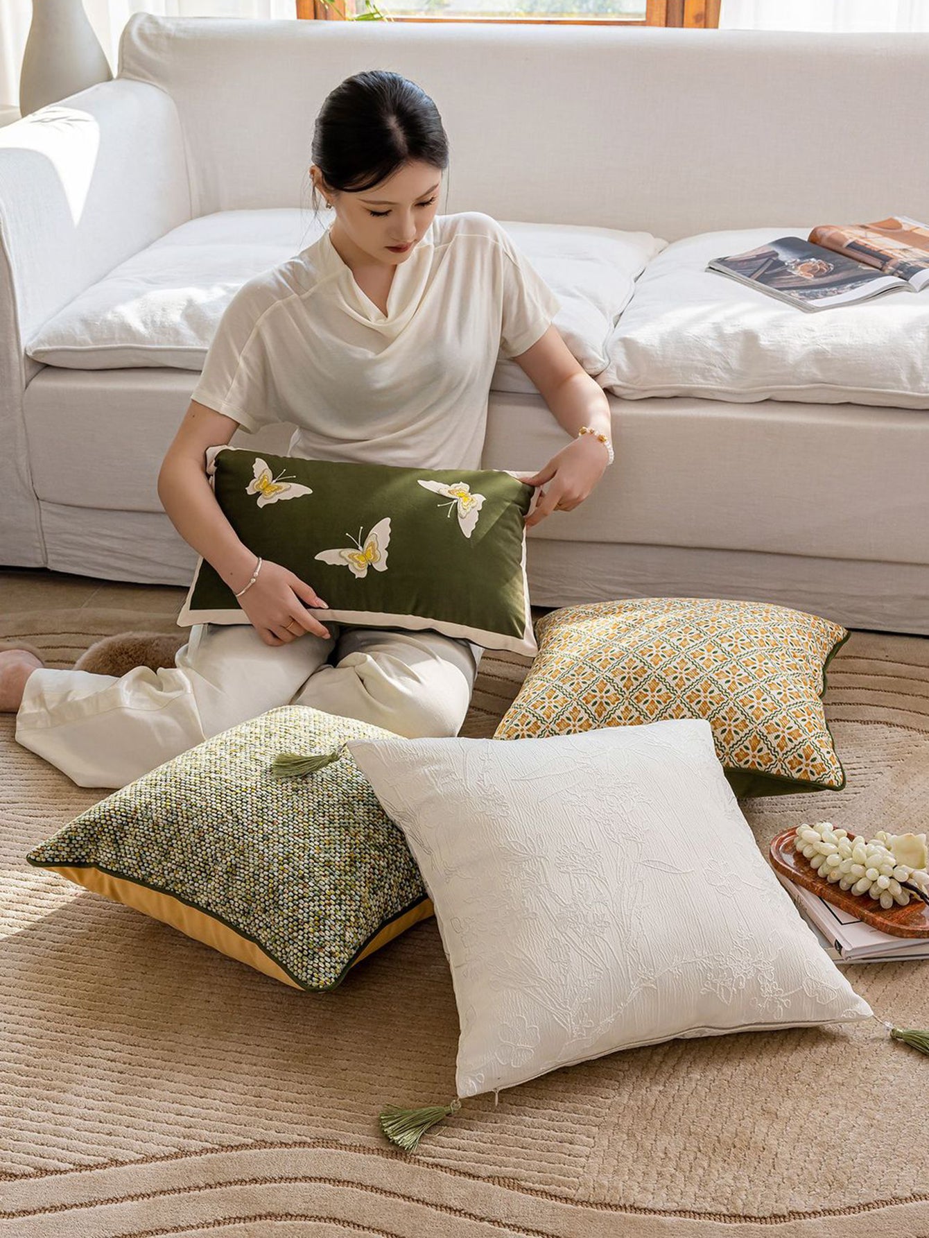 Chinoiserie Green Butterfly Whisper embroidery Throw Pillow