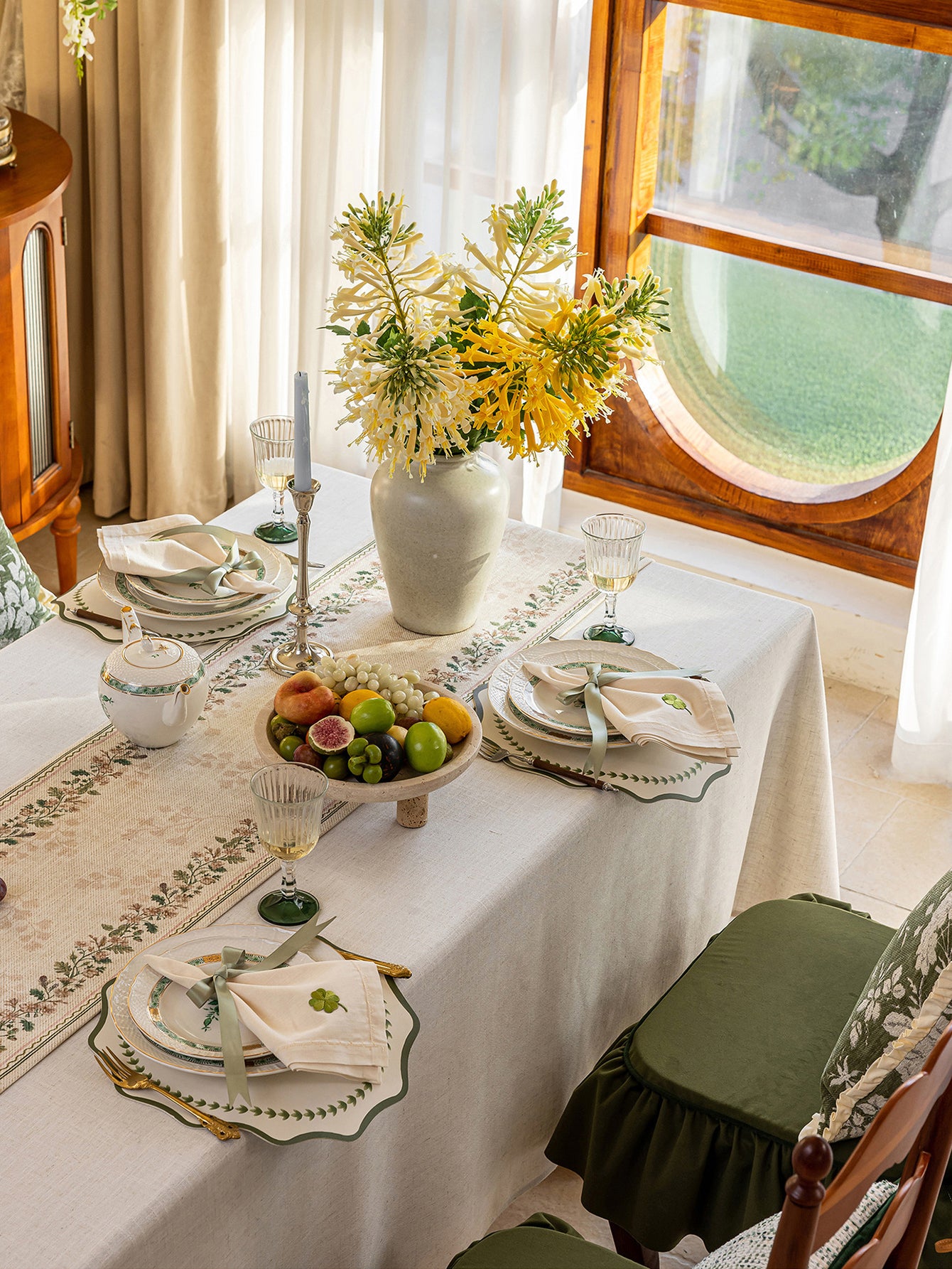 Chinoiserie Green Verse Pattern Table Runner with Tassels