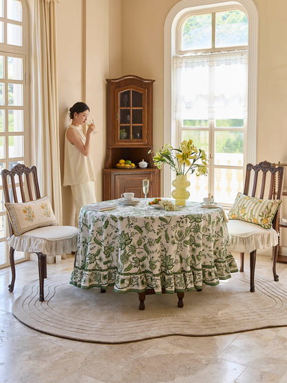 Chinoiserie Green Ruffle Spring Vines Pattern Round Tablecloth
