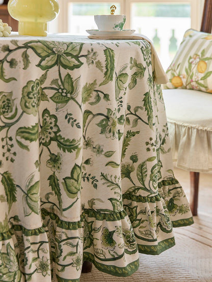 Chinoiserie Green Ruffle Spring Vines Pattern Round Tablecloth