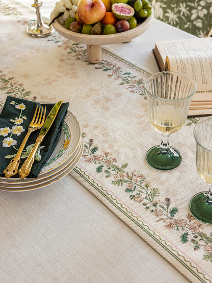 Chinoiserie Green Verse Pattern Table Runner with Tassels