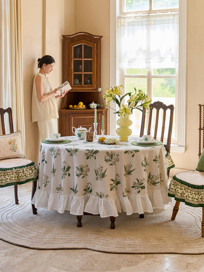 Chinoiserie Green Verse Pattern Round Ruffle Tablecloth