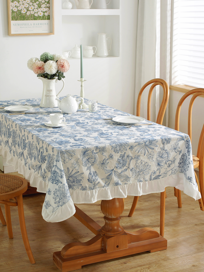 Chinoiserie Blue & White Embroidered Cotton Tablecloth with Ruffled Trim