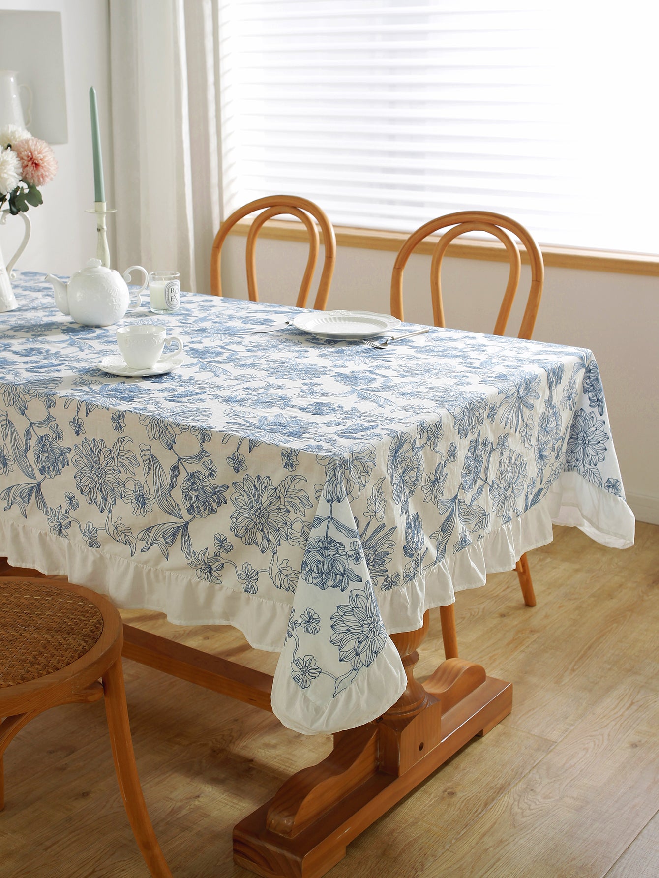 Chinoiserie Blue & White Embroidered Cotton Tablecloth with Ruffled Trim