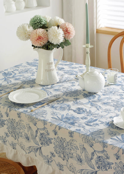 Chinoiserie Blue & White Embroidered Cotton Tablecloth with Ruffled Trim