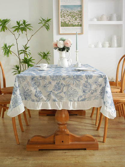 Chinoiserie Blue & White Embroidered Cotton Tablecloth with Ruffled Trim