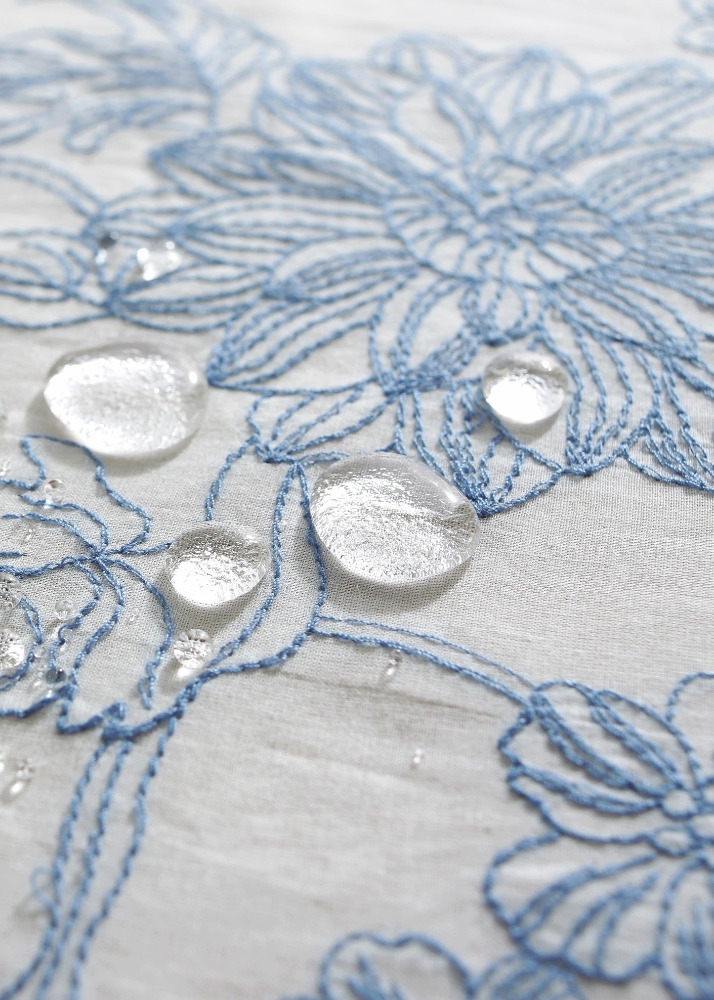 Chinoiserie Blue & White Embroidered Cotton Tablecloth with Ruffled Trim