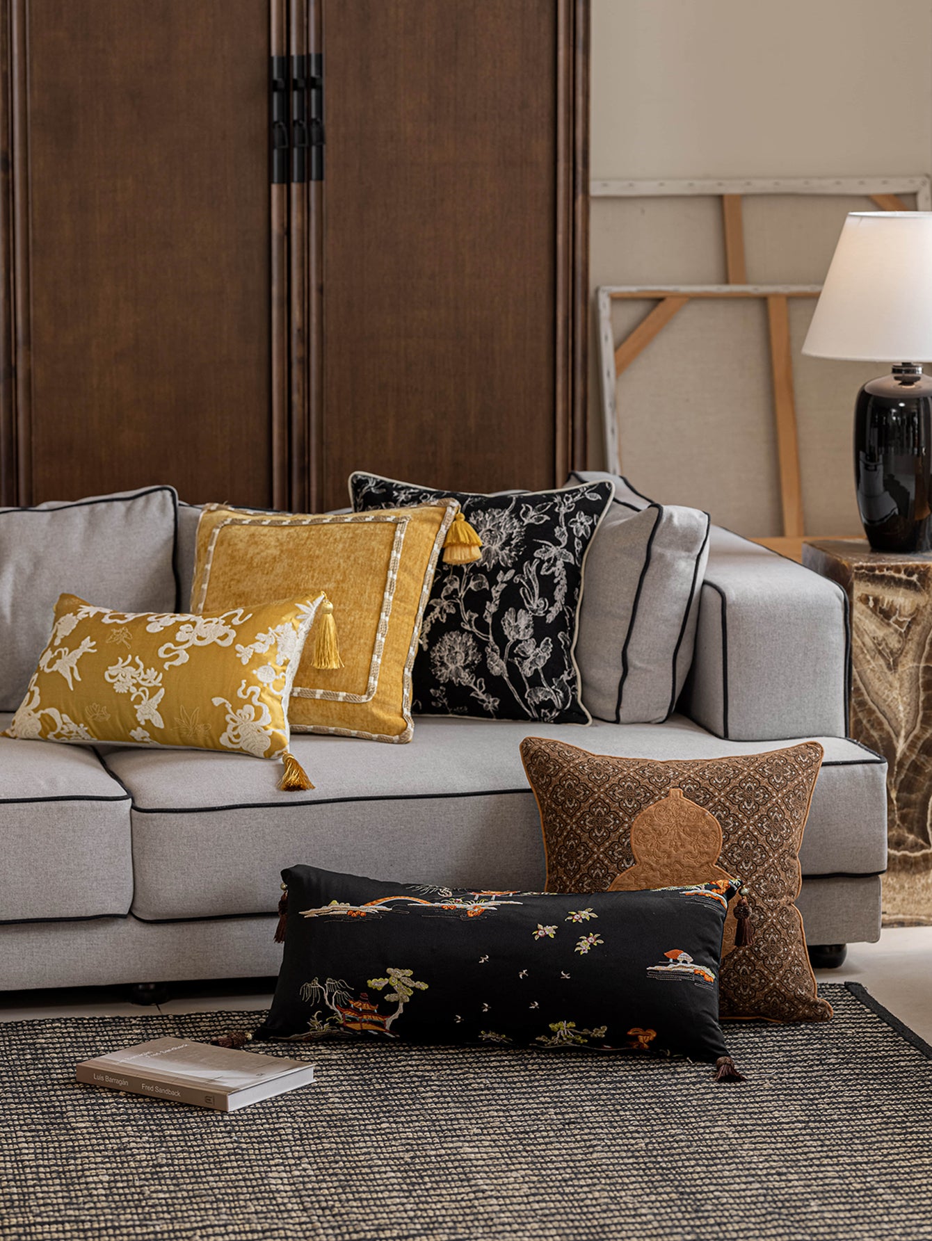 Chinoiserie Fulu Mantang Golden Jacquard Throw Pillow