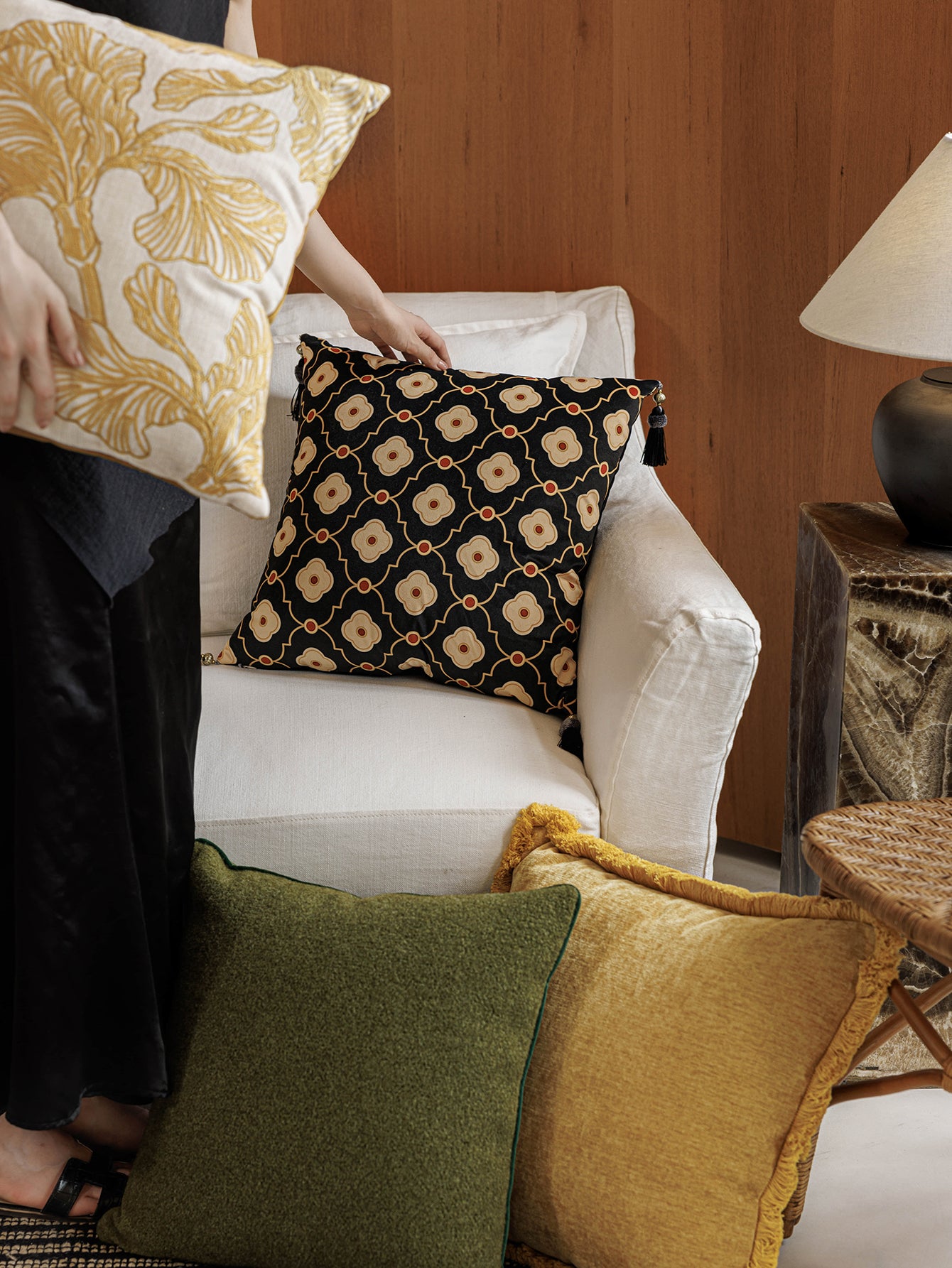 Chinoiserie Midnight Plum Throw Pillow with Tassels