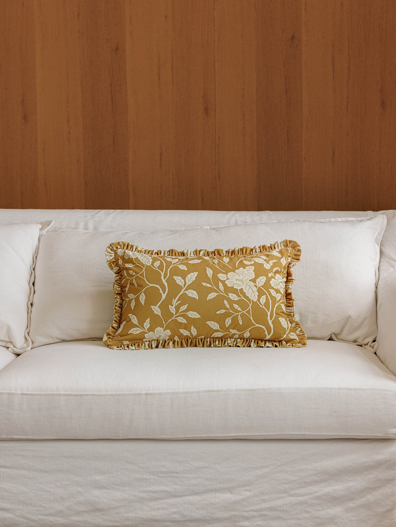 Chinoiserie Golden Floral Lumbar Pillow with Ruffle Trim