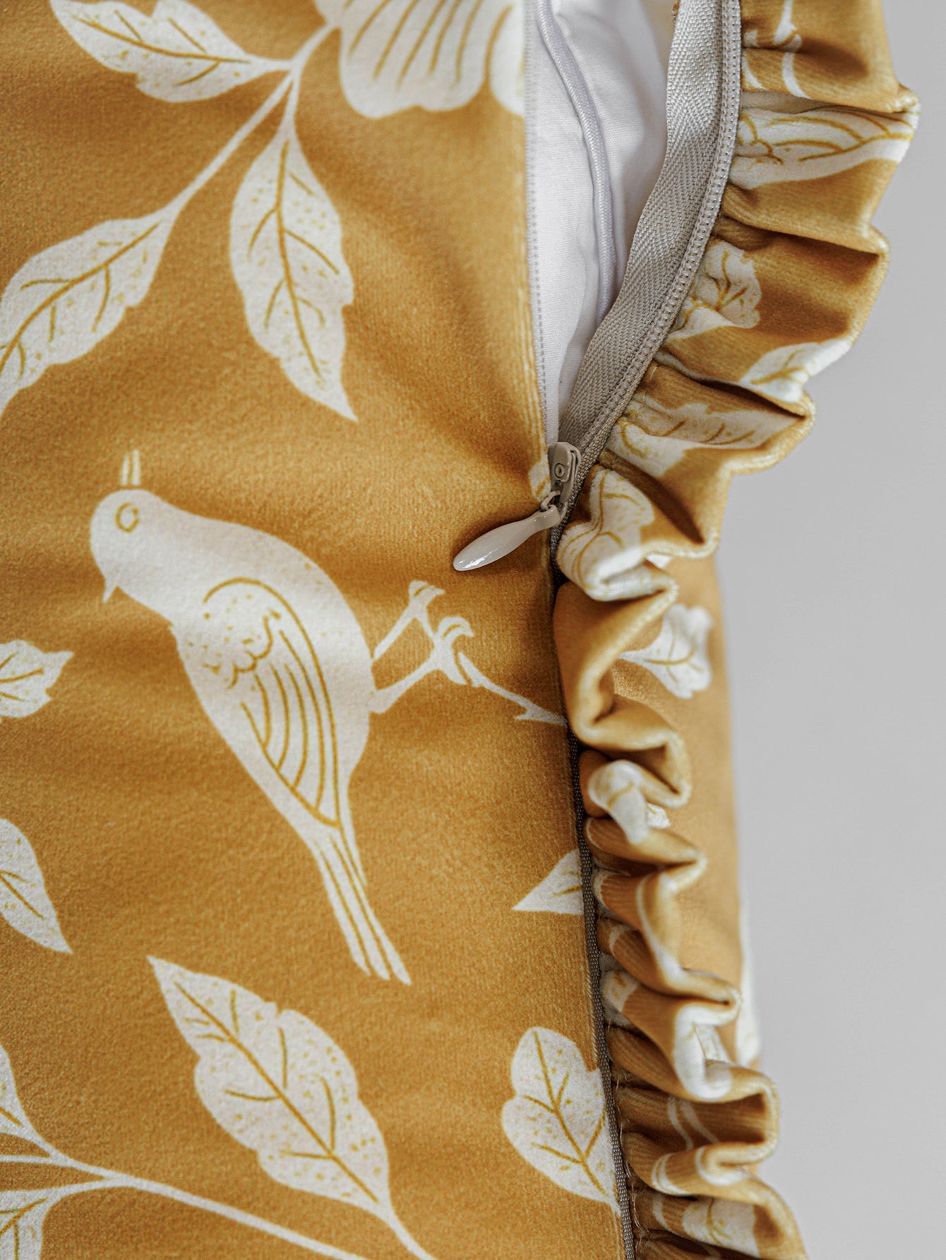 Chinoiserie Golden Floral Lumbar Pillow with Ruffle Trim