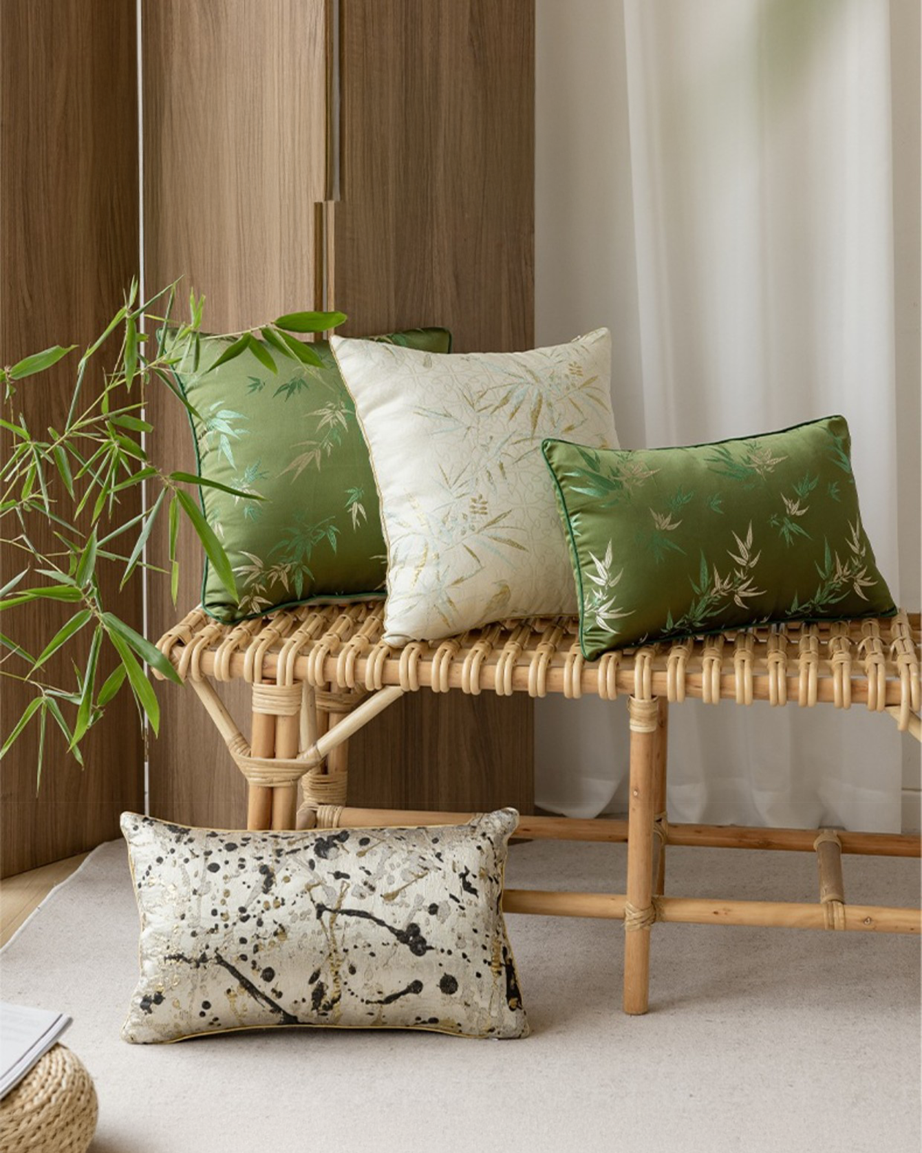 LaLuna Home Chinoiserie Ink-Splash & Gilded  Jacquard Throw Pillow for Sofa & Bed Decor