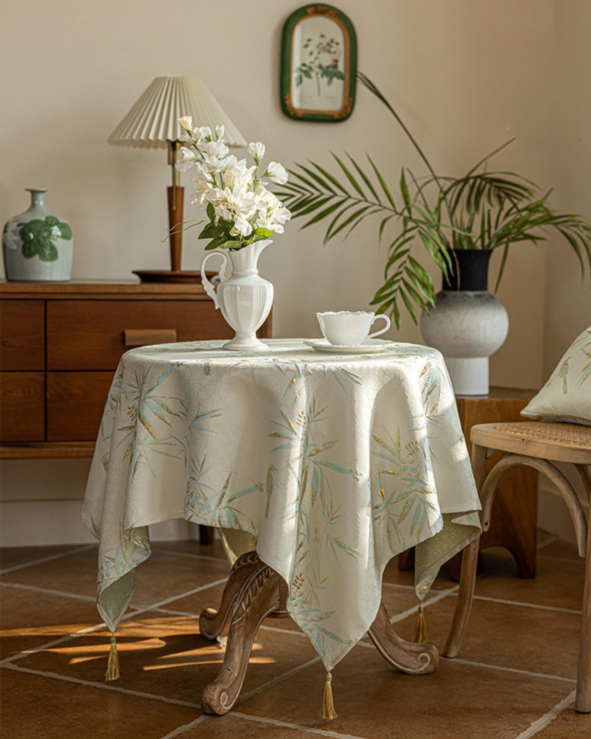 LaLuna Home Chinoiserie Bamboo Jacquard  Tablecloth with Tassels