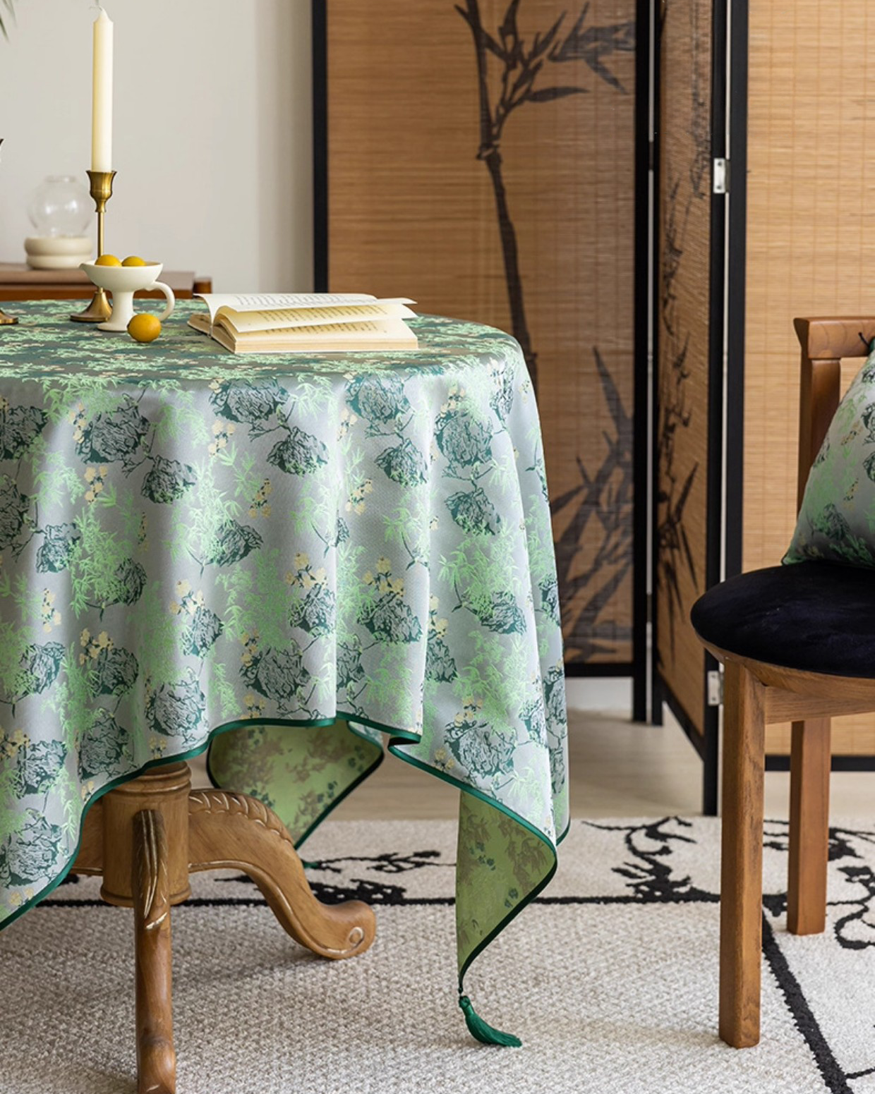 LaLuna Home Chinoiserie Lush Green Bamboo Tablecloth with Tassels