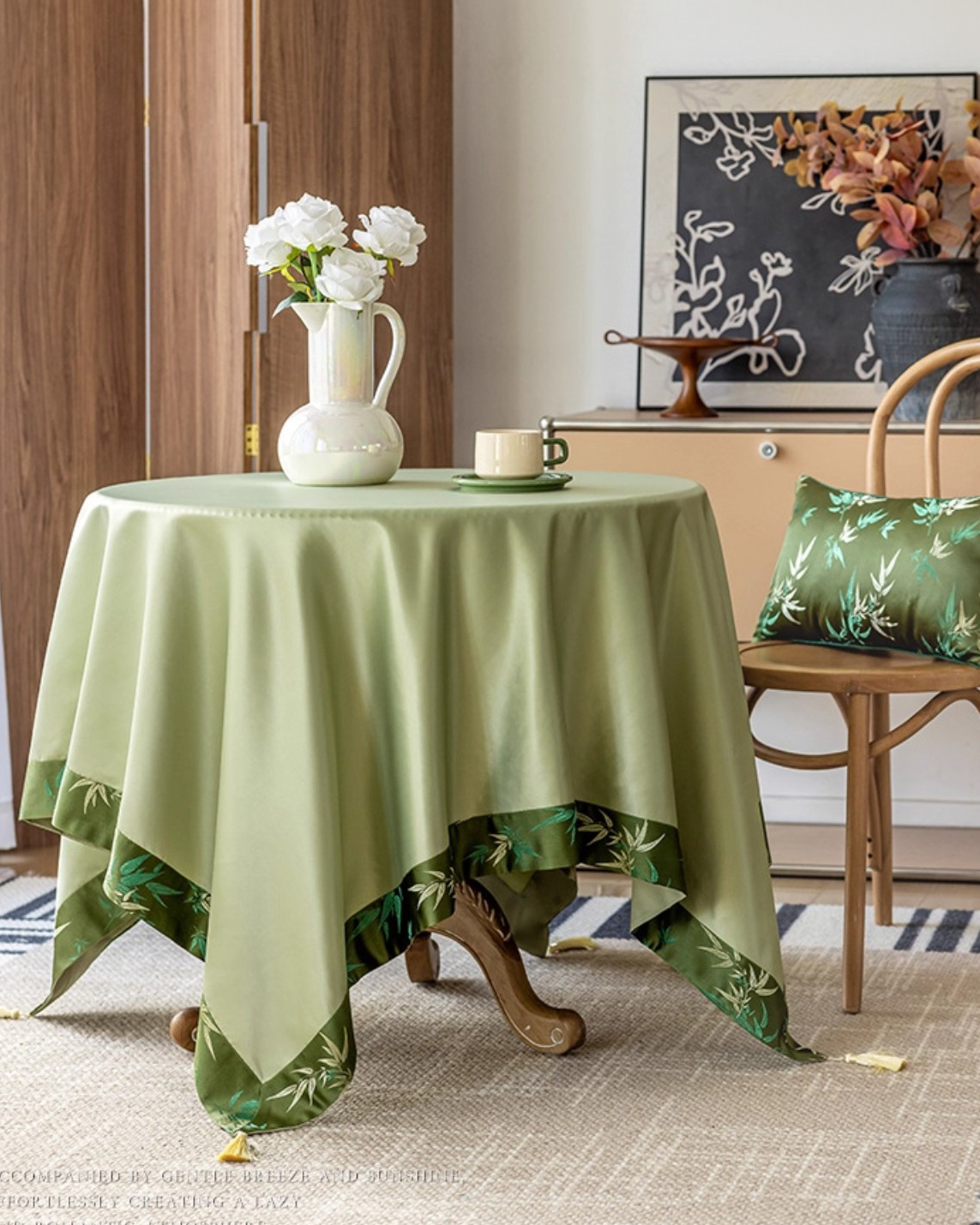 LaLuna Home Chinoiserie  Bamboo Embroidered Tablecloth with Tassels 60*60cm / 23*23in