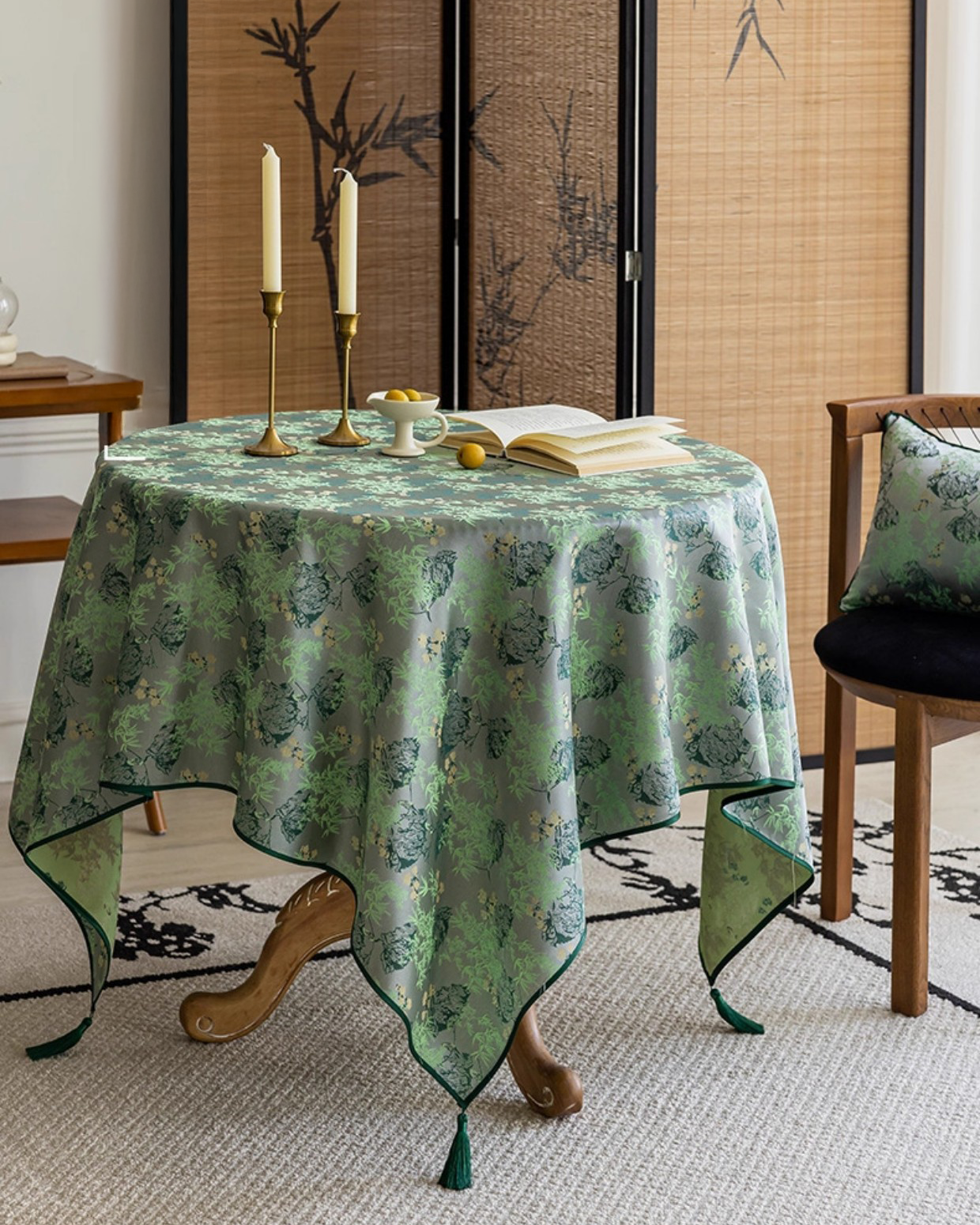 LaLuna Home Chinoiserie Lush Green Bamboo Tablecloth with Tassels