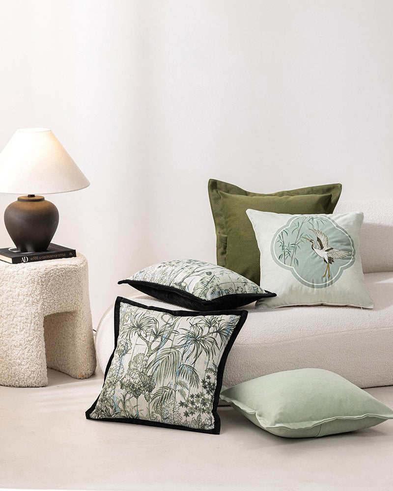 LaLuna Home Chinoiserie Cloud Crane Embroidered Velvet Throw Pillow