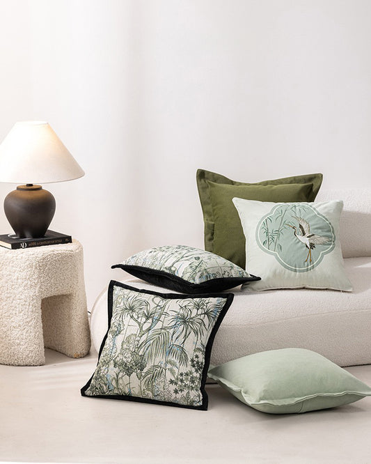LaLuna Home Chinoiserie Cloud Crane Embroidered Velvet Throw Pillow
