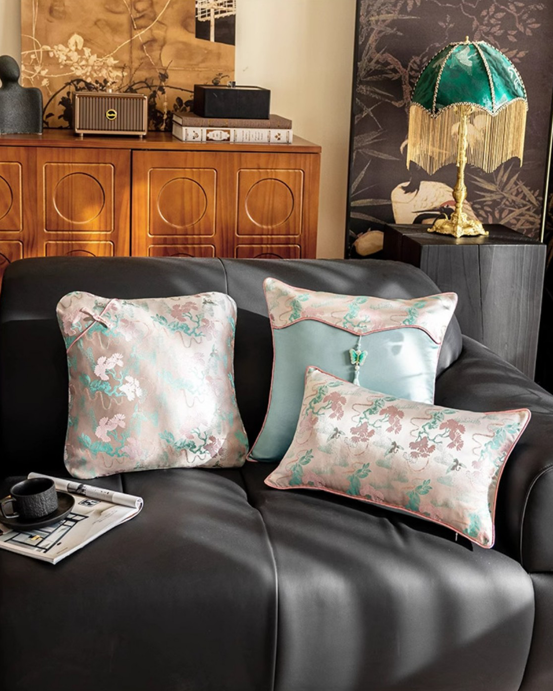 LaLuna Home Chinoiserie  Pine-Crane Pattern Throw Pillow with Butterfly Tassels