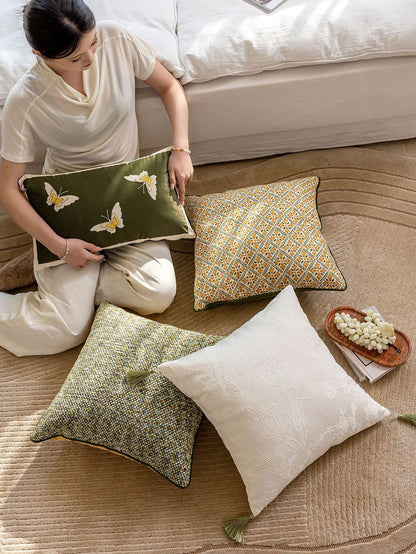 Chinoiserie Magnolia Bloom Jacquard Throw Pillow with Tassels