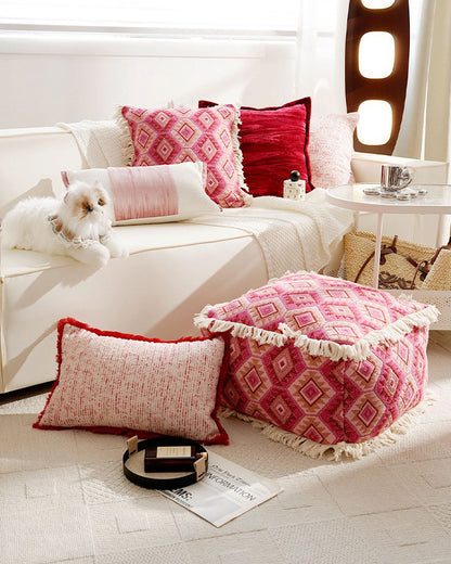 LaLuna Home Bohemian Pink Geometric Pattern Jacquard Pouf Cover