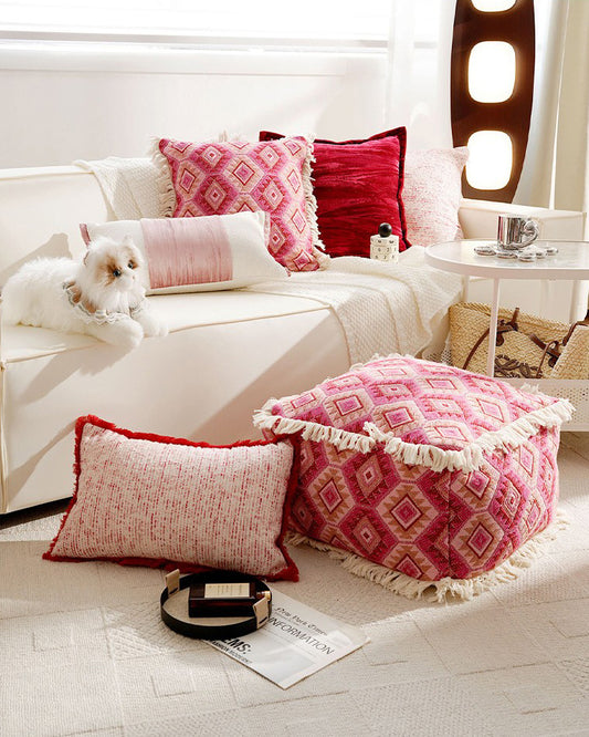 LaLuna Home Bohemian Pink Geometric Pattern Jacquard Pouf Cover
