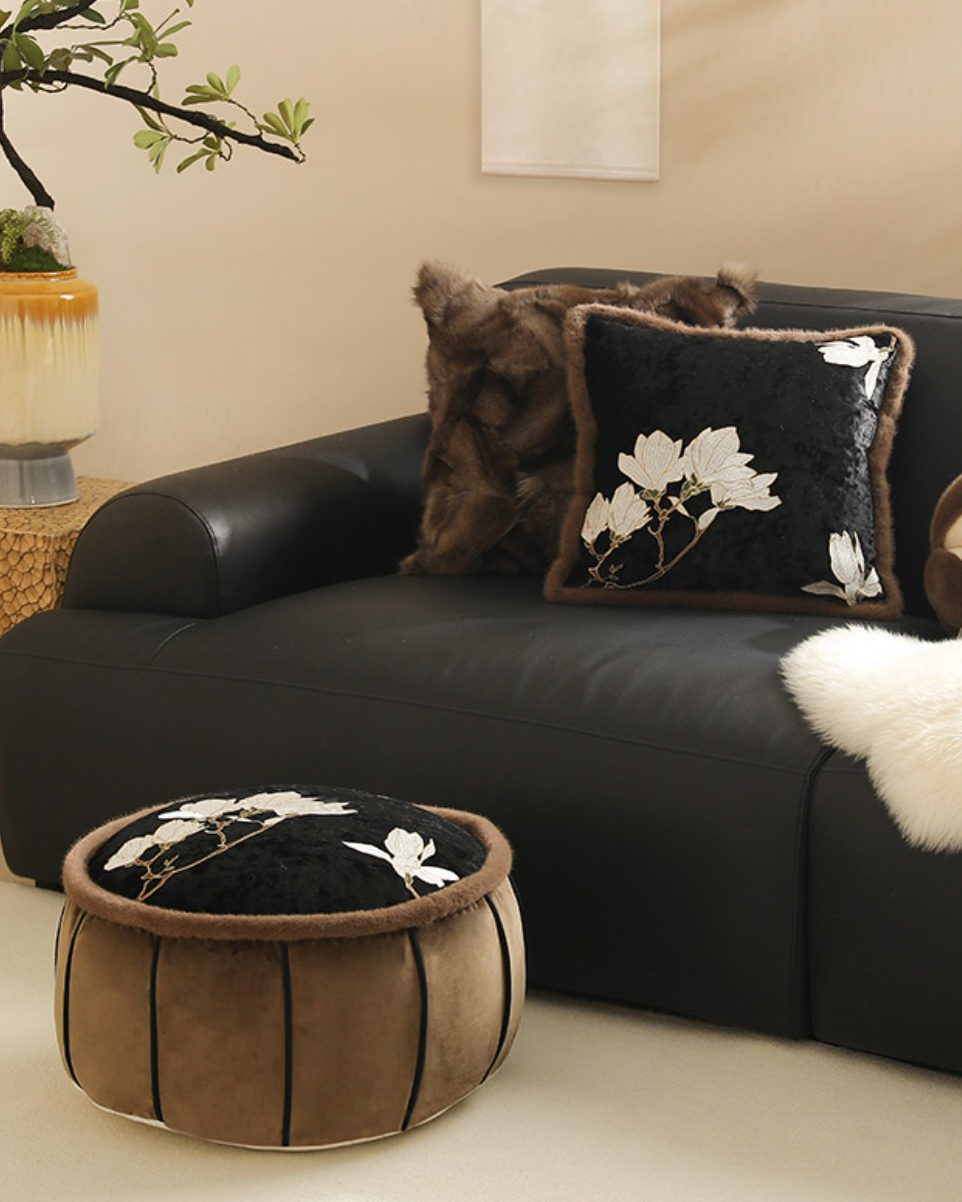 LaLuna Home Chinoiserie Magnolia Embroidered Velvet Pouf Cover
